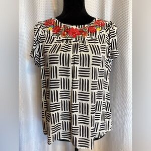 Savanna Jane black & white boho geometric pattern colorful floral embroidery top
